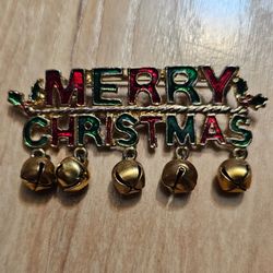 Vintage Gold Tone Red Green Enamel Merry Christmas Pin Brooch w Jingle Bells