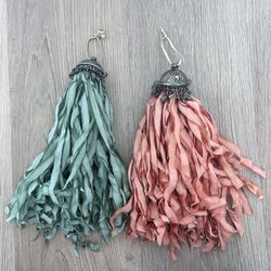 Set of antique 2 tassels curtains furniture bells beading pink green vintage 