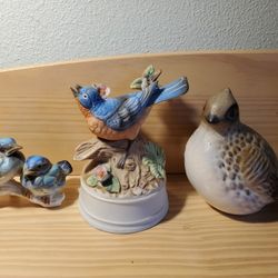 3 Rare Vintage Antique Bird Figurines Music Box