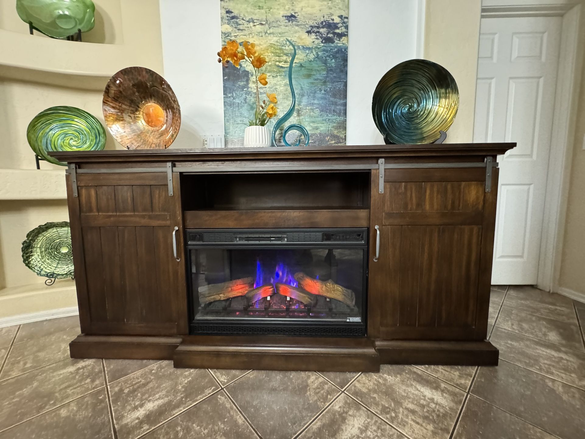 Beautiful Rustic Fireplace/tv Stand In Excellent Condition 5 Colors Of Flames 78” Inch Long
