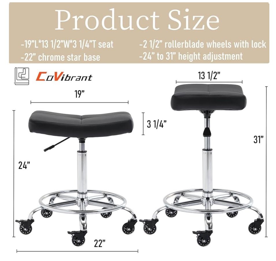 Wide Rolling Stool with Locking Wheels Footrest Adjustable Height Swivel for Salon Kitchen Counter Lab Office Home (Black, 24''-31'')