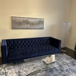 Beautiful Noble House Galvin 88 in. Midnight Blue Solid Velvet 3-Seat Tuxedo Sofa