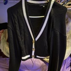 Black Striped Trim Knit Crop Cardigan