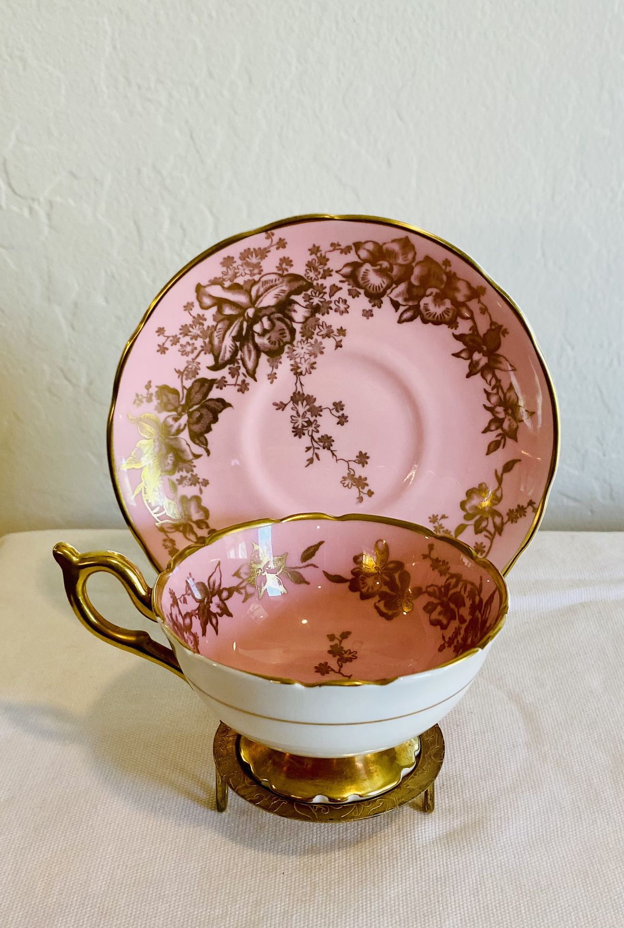 Vintage Coalport Teacup Saucer Pink Gold Banded Orchid England Excellent Bone China