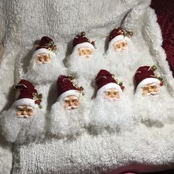 Lot Of 13 Vintage Santa Clause Face Ornaments Hat 7Burgundy 2 Reds 4 Green Jingle Bell Christmas Execellet Condition 