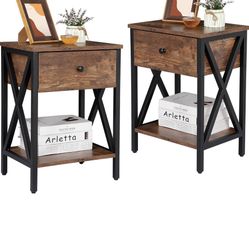  Nightstand Set of 2, Industrial End Tables with Drawer and Storage Shelf