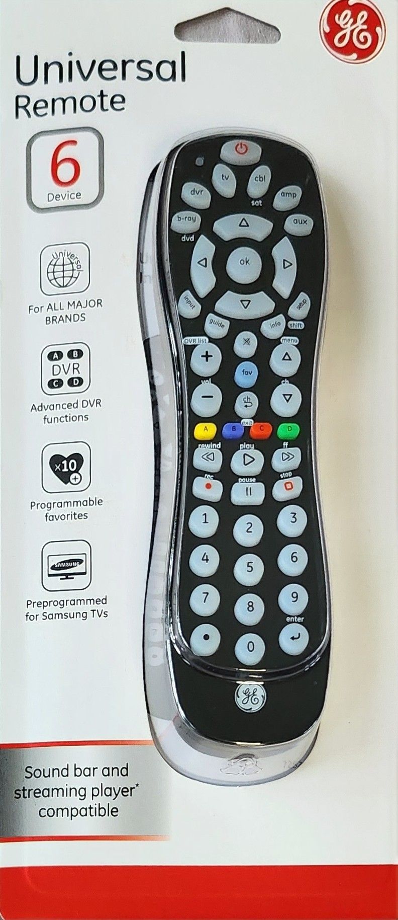 GE Universal Remote Control for Samsung, Vizio, Lg, Sony, Sharp, Roku, Apple TV, TCL, Panasonic, Smart TVs, Streaming Players, Blu-Ray, DVD, 6-Device,