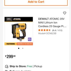DEWALT ATOMIC 20V MAX Lithium Ion Cordless 23 Gauge Pin Nailer Tool Only