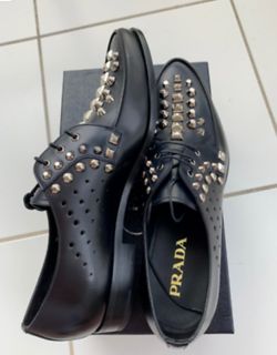 Prada Mens Black Leather Lace up Studded Shoes