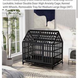 44 Inch Heavy Duty Crate, Indestructible Metal Dog Kennel Lockable, Indoor Double Door High Anxiety Cage, Kennel with Wheels, Removable Tray for Mediu