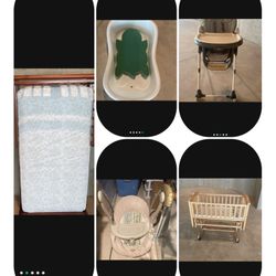 Baby Crib With his Pad ( Rack And With Wheels) -Toddler Bed With Mattress( In Great Condition) - High Chair - Baby Swing - Baby Bathtub