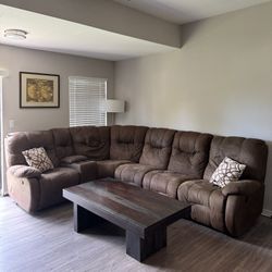 Faux Leather Reclining Couch And Wood Table 