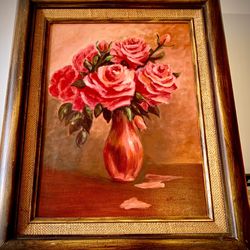 Beautiful original oil painting, Flowers, by A. Puccinelli L17.5/12xH21.5/16 inch Lbs3.1