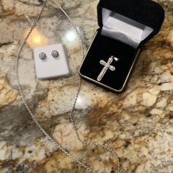 Diamond Cross With Silver Chain And Diamond Earrings 