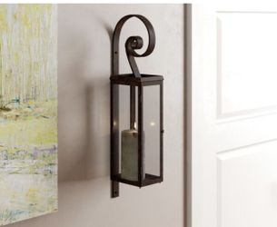 Chocolate Brown Scroll Tall Glass and Iron Wall Sconce, NEW. /Soporte decorativo para vela, NUEVO