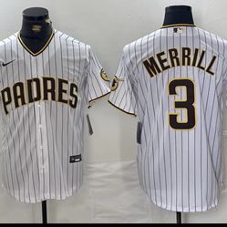 Size Small, Medium, Large, And XL.           Nike San Diego Padres Merrill #3 Pinstripe Baseball Jersey White Black Gold