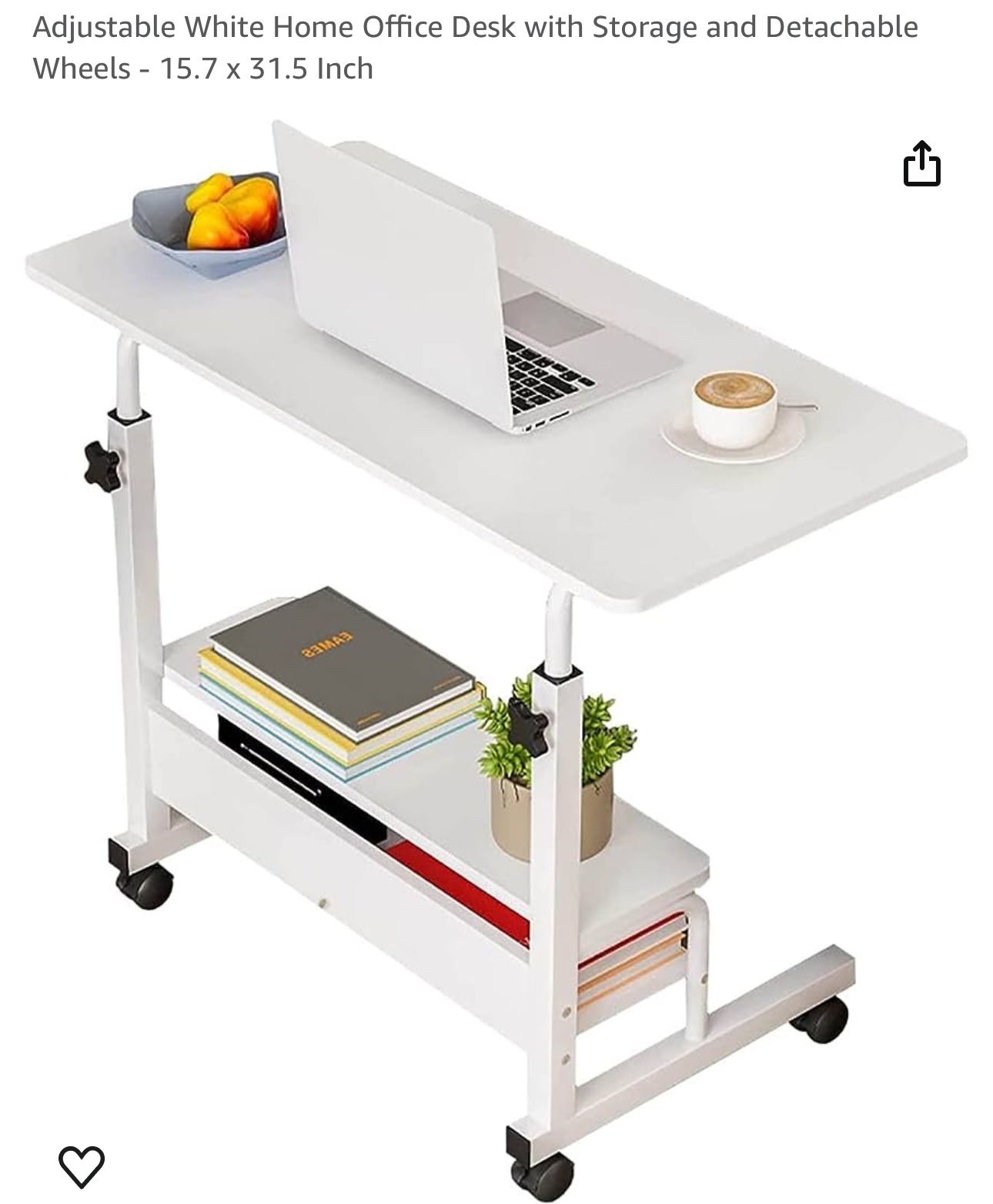 Adjustable White Home Office Desk with Storage and Detachable Wheels - 15.7 x 31.5 Inch