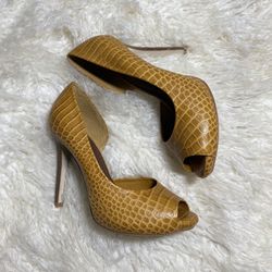 Yellow Croc Embossed Peep-Toe Heels