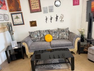 Gray Fabric Sofa with Carved Wood Frame