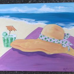 Nice Original Fun Beach/Ocean Oil Painting On Canvas 17 X 21”
