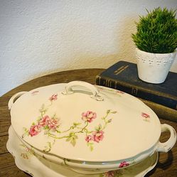 Gorgeous Vintage Lemoges French Casserole-Vegetable Dish With Floral Motif, Lid and Matching Plate!!
