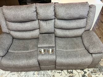 Gray Fabric Reclining Loveseat with Console