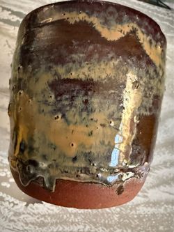 Earthy Organic Studio Pottery Vessel Artist Signed   Handcrafted terracotta clay vessel with a multi-colored earth-tone glaze. This piece has a glossy