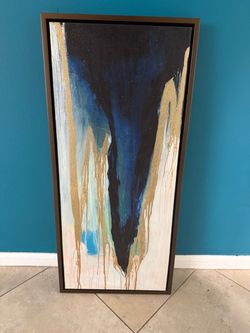 Large Framed Abstract Canvas Wall Art – Navy, Gold & Neutral Tones (36.75" x 16.75")