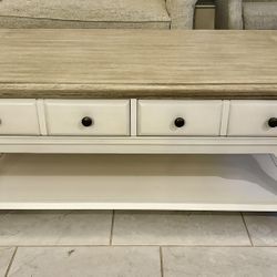 Living Spaces Kira Natural Wood Rectangle Coffee Table w/ Storage Drawers – Like New