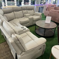 White Recliner Sectional With Bluetooth Speaker 
