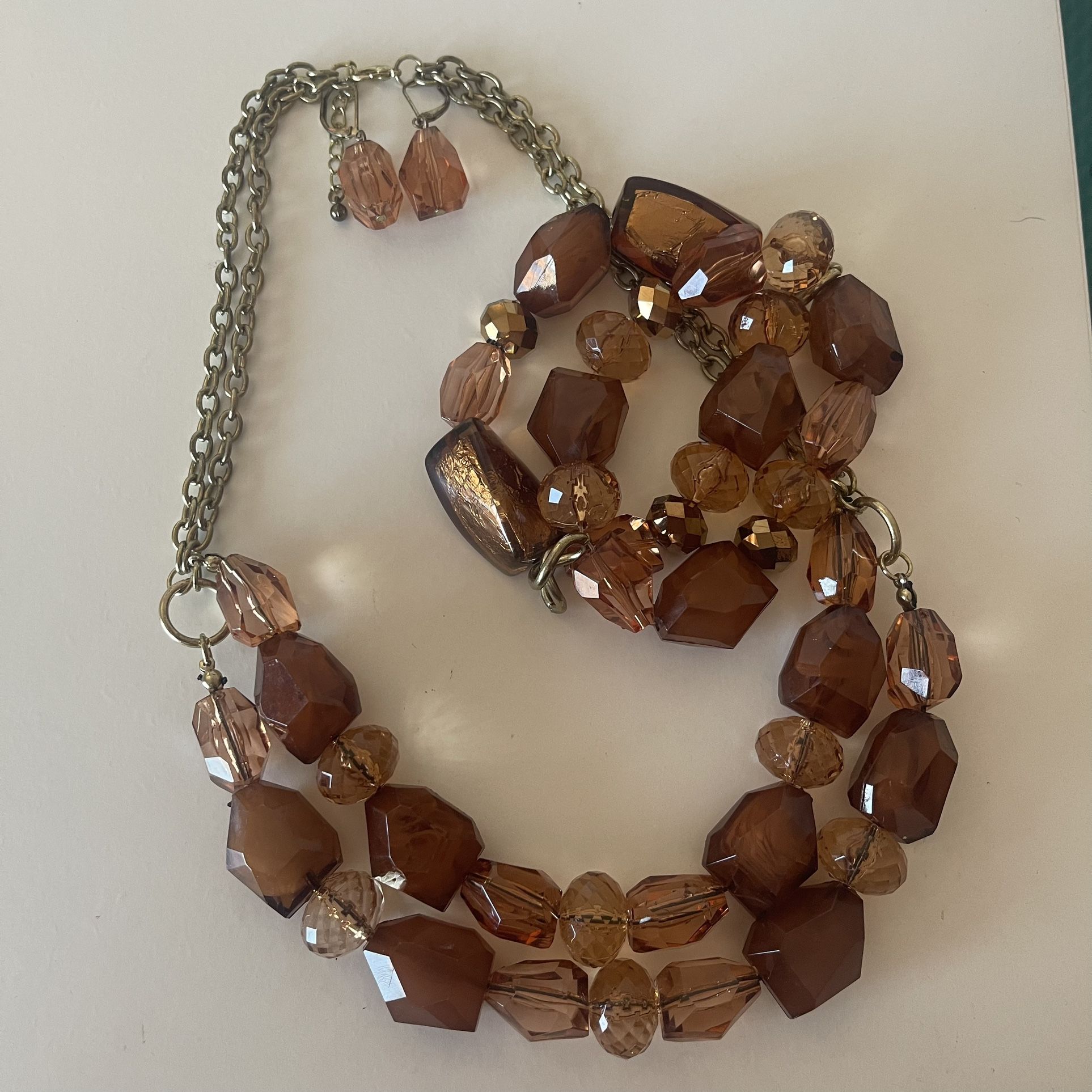 Women's, Gold w/ Brown Crystal Necklace, Pair of Earrings & Bracelet, Size 10"