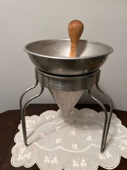 Complete Vintage Wear-Ever No. 8 Aluminum Cone Strainer Sieve with Stand & Wooden Pestle