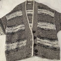  Gray Striped Cardigan Mid-Length Wool Sweater