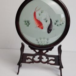 Beautiful 1970's Double Sided Chinese Silk Embroidered Koi Fish Wood Stand