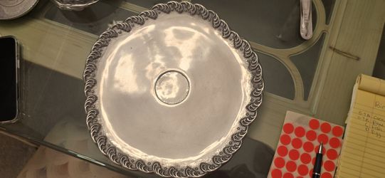 Round Silver-Tone Platter with Decorative Scroll Rim