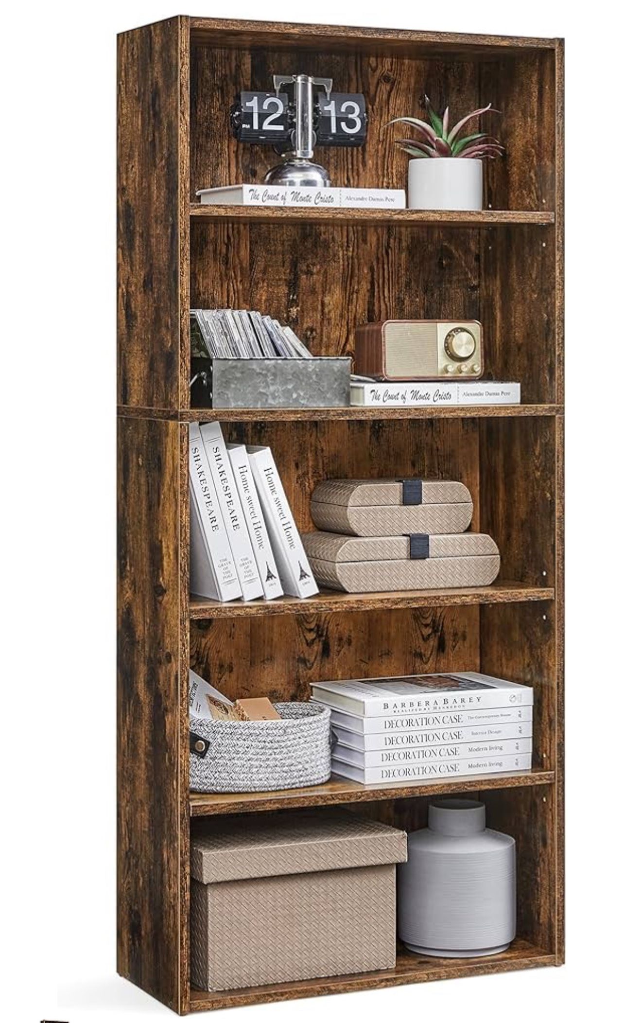 5 Tier Open Wood Bookshelf Adjustable Bookcase Wall Shelf Magazines Organizer