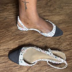 Size 10 Black And White Tweed Flat Slingback 