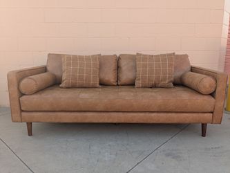 Mid-Century Modern Tan Leather Sofa
