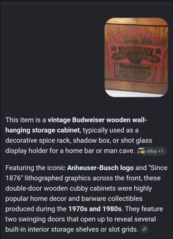 Vintage Budweiser Wooden Wall Cabinet