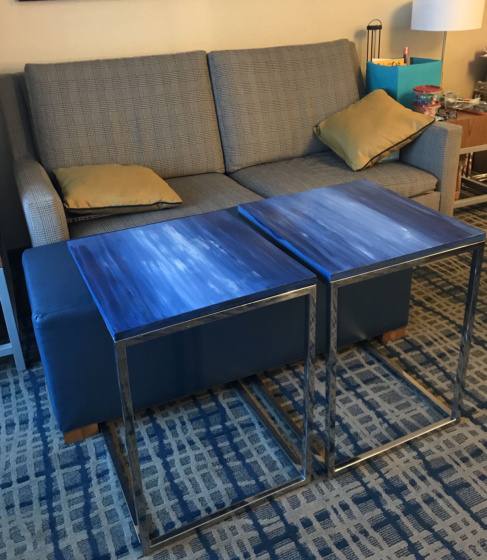 Slide Tables - hand painted in blue tones.