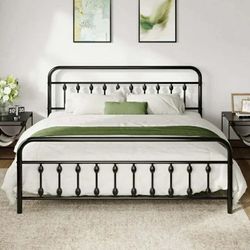 King Metal Platform Bed Frame with Vintage Pattern Headboard/Footboard, No Box Spring Needed, Black