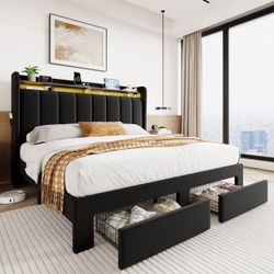 SHA CERLIN Velvet Full Size Bed Frame with Vertical Channel Tufted Wingback Headboard & 2 Storage Drawers/2-Tier Shelves with LED Lights & Charging St
