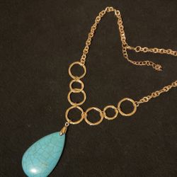 18” GoldTone Necklace With Turquoise Stone Pendant 