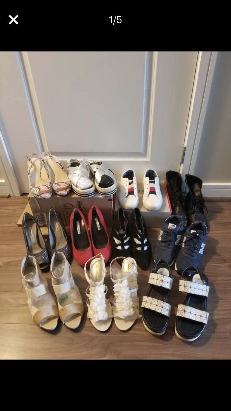 Eleven pairs of women's sneakers and heels