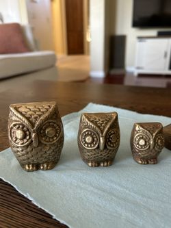 Small MCM Heavy Brass 3 Owls Pair