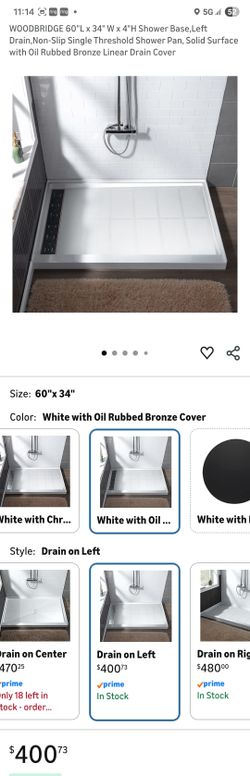 WOODBRIDGE 60"L x 34" W x 4"H Shower Base,Left Drain,Non-Slip Single Threshold Shower Pan, Solid Surface with Oil Rubbed Bronze Linear Drain Cover