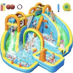 Inflatable Water Slide, Bounce House with 2 Slide for Kids, Inflatable Waterslide Park with Splash Pool, Basketball Hoop, Ball Shooting & Water Cannon