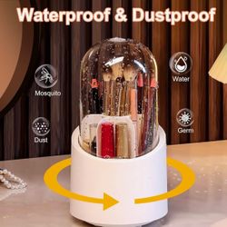 Idle Way Makeup Brush Holder with Lid 360 Rotating, Make up Brushes Organizer for Vanity, Dustproof Makeup Organizer Storage(with Makeup Cosmetics Bag