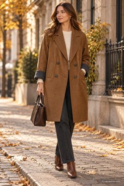 URBAN Brown Double-Breasted Long Coat with Contrast Cuffs M/L
