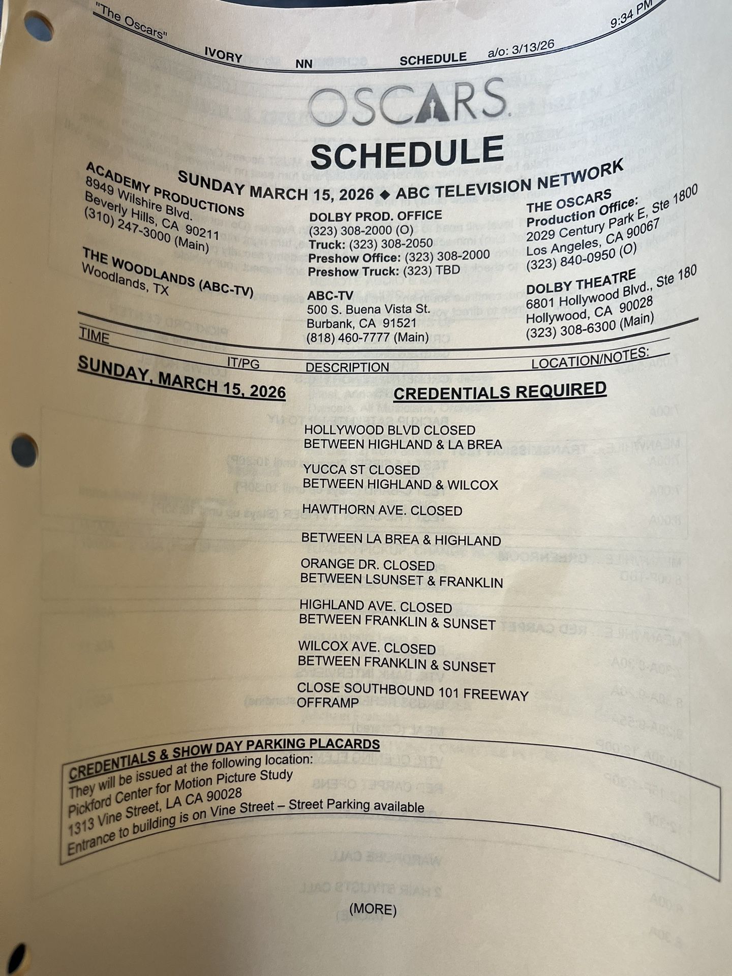 Oscars Show Day Manifest